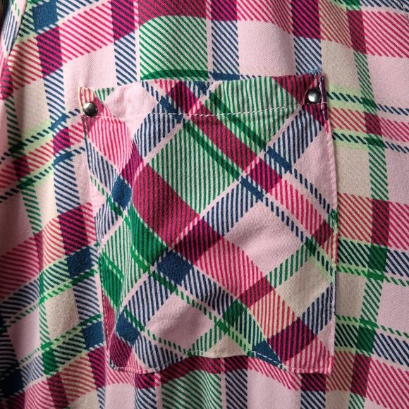 Torrid Dress Size 3 Plus Size 3X Pink Green Blue Pliad Roll Sleeve Midi Zip - Picture 12 of 16